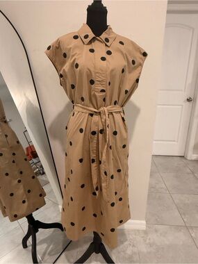 Polka Dot Midi Shirt Dress with Self-Tie Belt in Tan